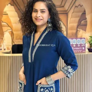 Women's Cotton Embroidery Straight Kurti with Pant Set Blue