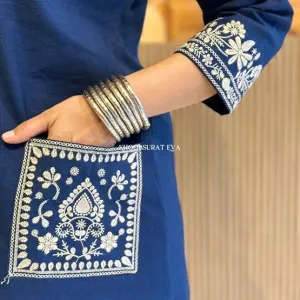 Women's Cotton Embroidery Straight Kurti with Pant Set Blue