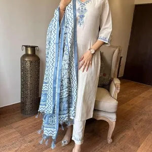 Women's Cotton Embroiderd Straight Kurti with Pant and Printed Dupatta Set