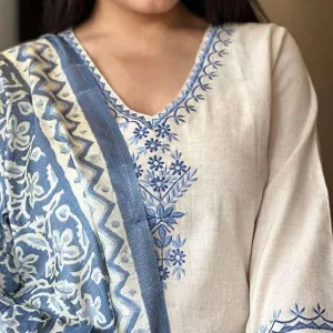 Women's Cotton Embroiderd Straight Kurti with Pant and Printed Dupatta Set