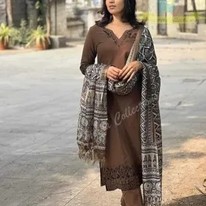 Women Pure Cotton Embroidery Straight Kurti with Pant & Dupatta Set