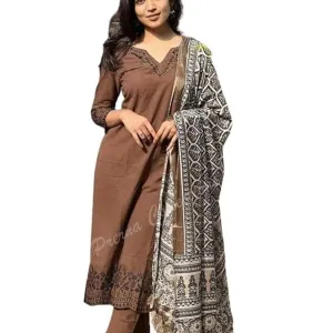 Women Pure Cotton Embroidery Straight Kurti with Pant & Dupatta Set