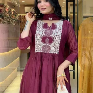 Women's Cotton Printed Anarkali Kurti with Pant and Mulmul Dupatta Set