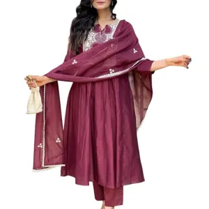 Women's Cotton Printed Anarkali Kurti with Pant and Mulmul Dupatta Set