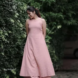 Women's Cotton Plain Flared Sleeveless Kurta with Palazzo Pink