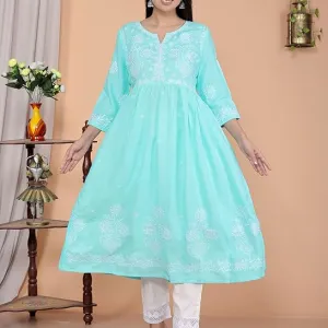 Women's Rayon Embroidered vcut Anarkali Kurti with Pant