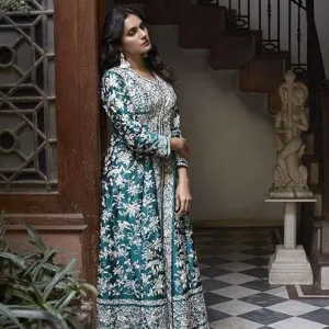 Women's Cotton Embroidered A-Line Kurti with Palazzo Set Green