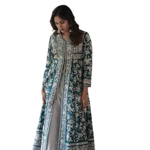 Women's Cotton Embroidered A-Line Kurti with Palazzo Set Green