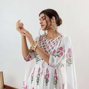 Women's Cotton Floral Printed Long Anarkali Kurti Pant Dupatta White