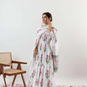 Women's Cotton Floral Printed Long Anarkali Kurti Pant Dupatta White
