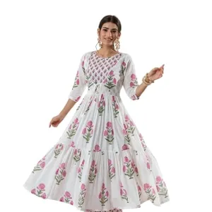 Women's Cotton Floral Printed Long Anarkali Kurti Pant Dupatta White