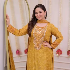 Women's Silk Embroidered Straight Kurti with Pant Dupatta Set Mustered