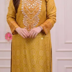 Women's Silk Embroidered Straight Kurti with Pant Dupatta Set Mustered