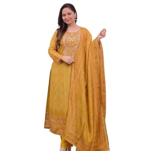 Women's Silk Embroidered Straight Kurti with Pant Dupatta Set Mustered
