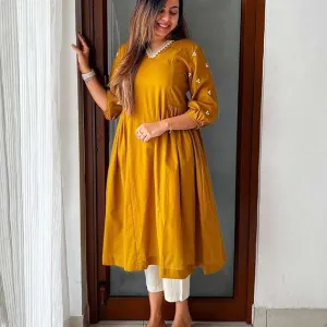 Women's Cotton Embroidered Anarkali Kurti with Pant