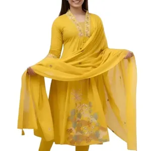 Women's Cotton Embroidery Straight Kurti with Pant Set Yellow