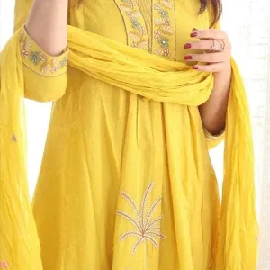 Women's Cotton Embroidery Straight Kurti with Pant Set Yellow