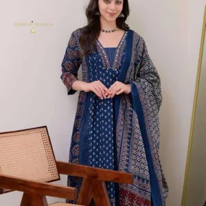 Women's Cotton Printed Premium A-Line Kurti Pant Dupatta Set Blue