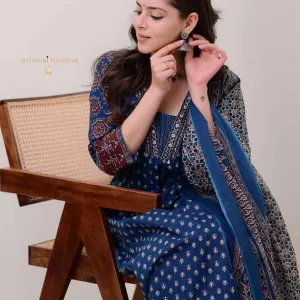 Women's Cotton Printed Premium A-Line Kurti Pant Dupatta Set Blue