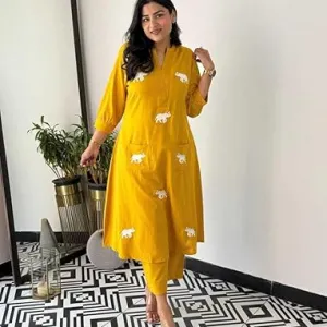 Women's Cotton Printed Straight Kurti with Pant and Dupatta Set