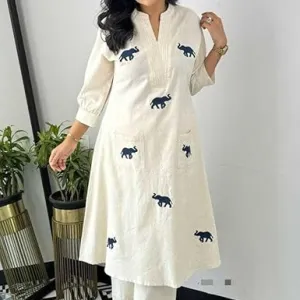Women's Cotton Printed Straight Kurti with Pant and Dupatta Set