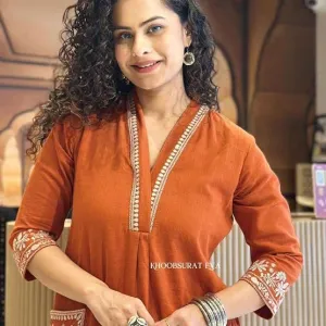 Women's Cotton Embroidery Straight Kurti with Pant Set