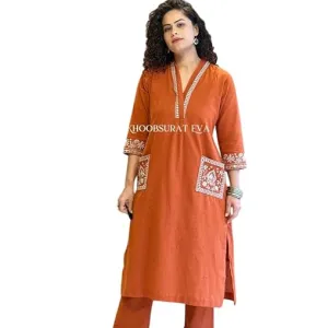 Women's Cotton Embroidery Straight Kurti with Pant Set