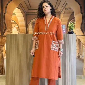 Women's Cotton Embroidered Straight Kurt...