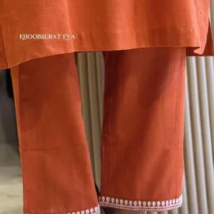 Women's Cotton Embroidered Straight Kurti Pant Set Orange
