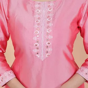 Women's Satin Embroidered Printed Straight Kurti