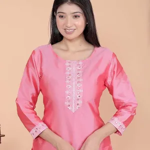 Women's Satin Embroidered Printed Straight Kurti