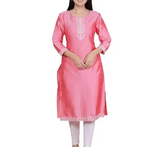 Women's Satin Embroidered Printed Straight Kurti in Premium Fabric Pink