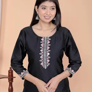 Women's Satin Embroidered Printed Straight Kurti