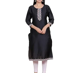 Women's Satin Embroidered Printed Straight Kurti