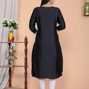 Women's Satin Embroidered Printed Straight Kurti Black