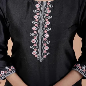 Women's Satin Embroidered Printed Straight Kurti Black