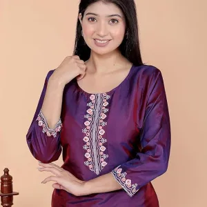 Women's Satin Embroidered Printed Straight Kurti