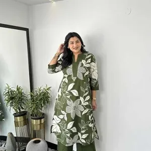 Women's Cotton Floral Printed Straight Kurti with Pant Set