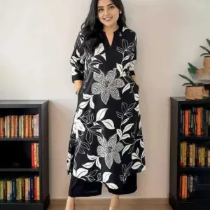 Women's Cotton Floral Printed Straight Kurti with Pant Set