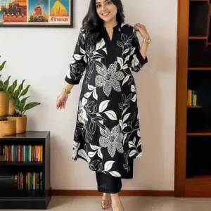 Women's Cotton Floral Printed Straight Kurti Pant Set for Casual Wear
