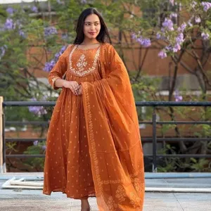 Women's Cotton Embroidery Anarkali Kurti and Pant with Dupatta Set