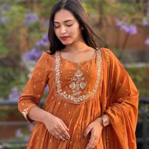 Women's Cotton Embroidery Anarkali Kurti and Pant with Dupatta Set