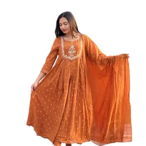 Women's Cotton Embroidered Anarkali Kurti Pant Dupatta Set Orange