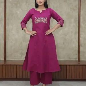 Women's Cotton Embroidered Straight Kurti with Pant Set