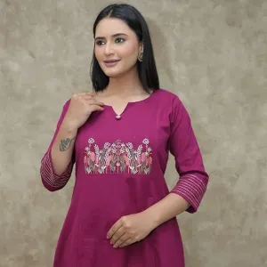 Women's Cotton Embroidered Straight Kurti with Pant Set