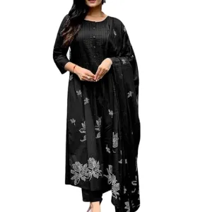 Women's Cotton Embroidery Floral Printed Long Straight Kurti with Pant and Dupatta Set