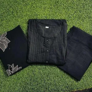 Women's Cotton Embroidered Floral Long Straight Kurti Pant Dupatta