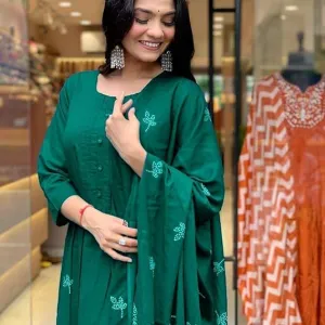 Women's Cotton Embroidery Floral Printed Long Straight Kurti with Pant and Dupatta Set