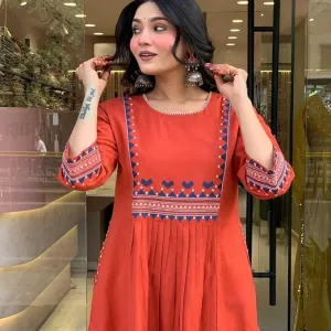 Women's Rayon Embroidered A-Line Kurti with Pant Set