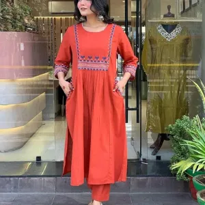 Women's Rayon Embroidered A-Line Kurti with Pant Set